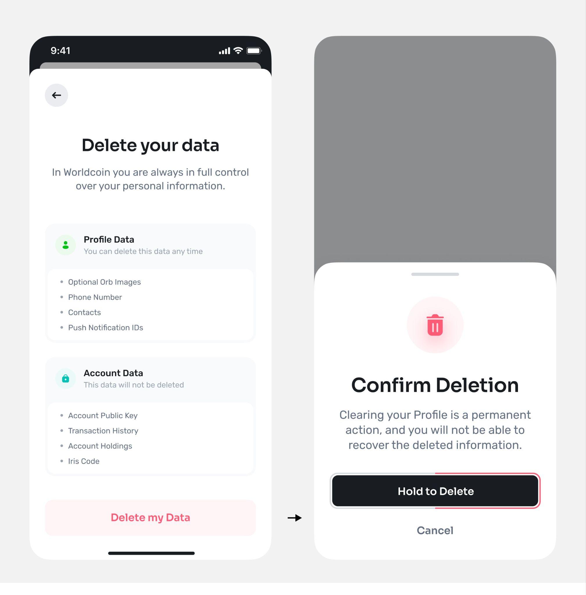 Figure 36: Privacy Screen on World App. A user can very easily request deletion of all their personal data with just a few taps in the World App.